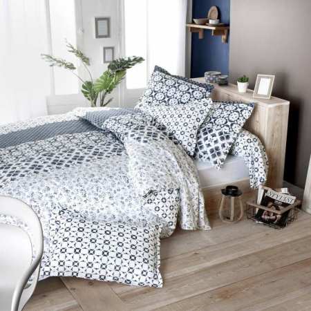 Housse De Couette 100% Coton 1 Pièce Gris à Motifs Blancs 200x240