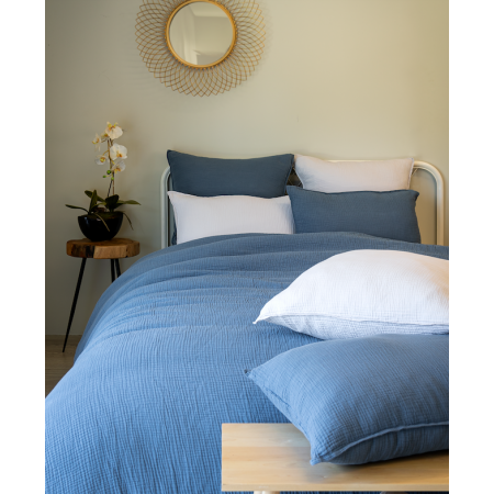 Housse de couette satin de coton jacquard pois et rayures Prestige bleu  nuit