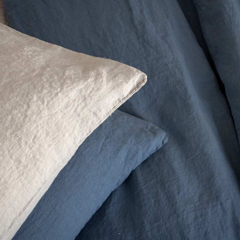 Drap Housse 160x200 En Lin Lavé Bleu Stone - Bonnet 30 Cm - Drap Housse  Premium